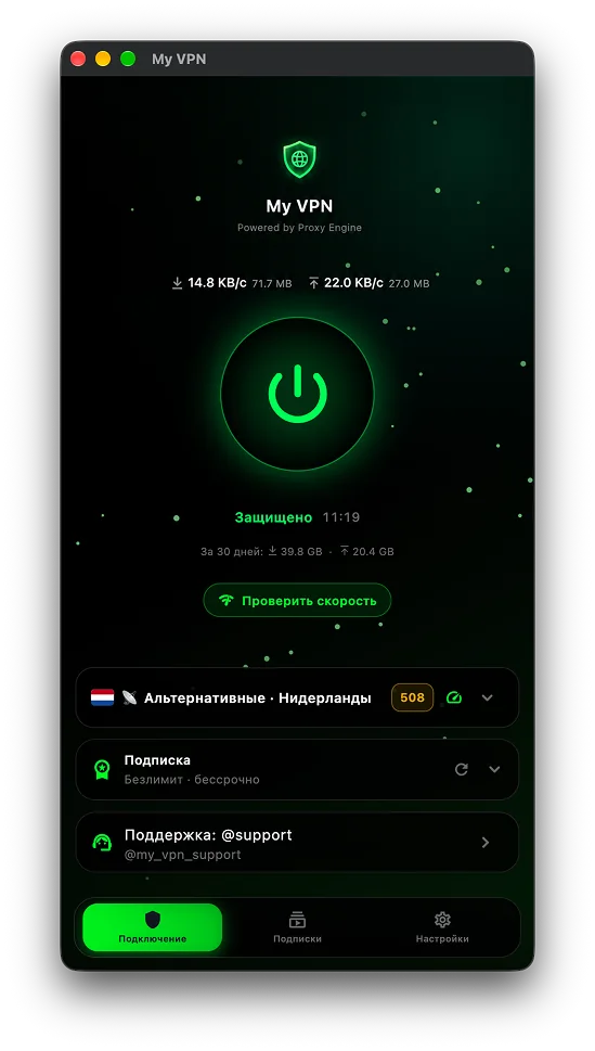 Окно приложения на компьютере: кнопка подключения, скорость, список серверов и подписка